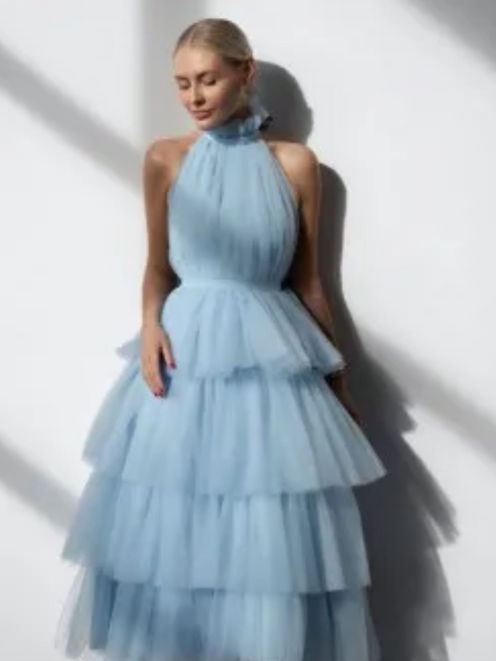 Blue tulle evening dress Light Blue Tulle Tiered Halter Dress